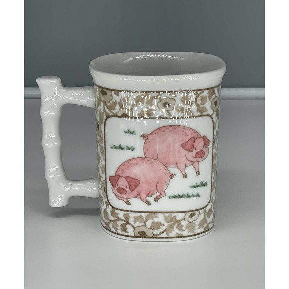 Vintage Tajimi Ceramic Floral Pig Coffee Cup Mug Bamboo Handle - Picture 1 of 9